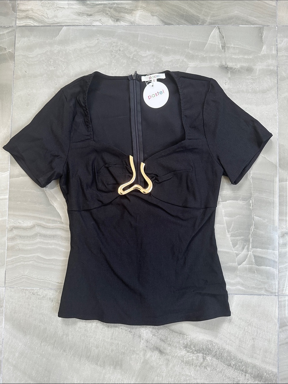 Pastels Black Short Sleeve Top with Gold Accent Hardware